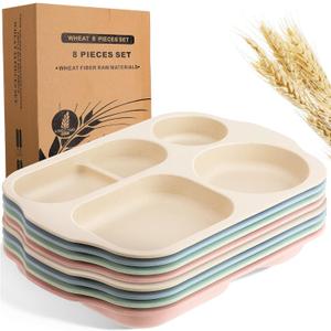 Vesici 8 Pcs Large 12 Inch Unbreakable Divided Plates for Kids Adults - Wheat Straw Tray - Microwave Dishwasher Safe - Reusable Plastic Compartment Plates(Pink, Blue, Beige, Green)
