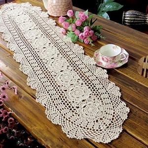Cotton Handmade Crochet lace Table Runners Oval Tablecloth Doilies Doily Table Dresser Scarf Dcor,12x35Inch,Beige