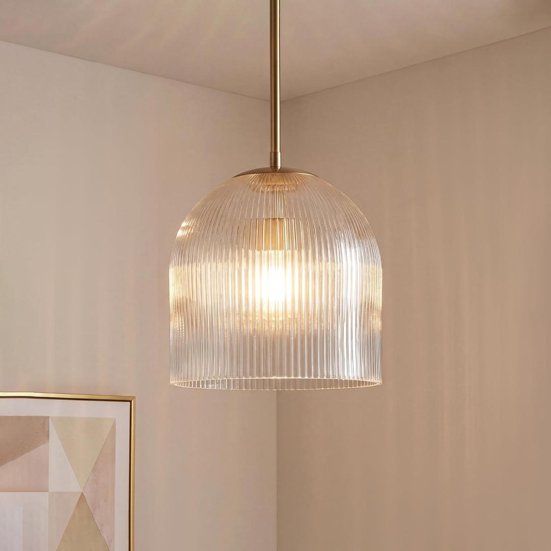 TIBAST Vintage Industria Ribbed Glass Pendant Light, Clear, 10" Dia x 10" H