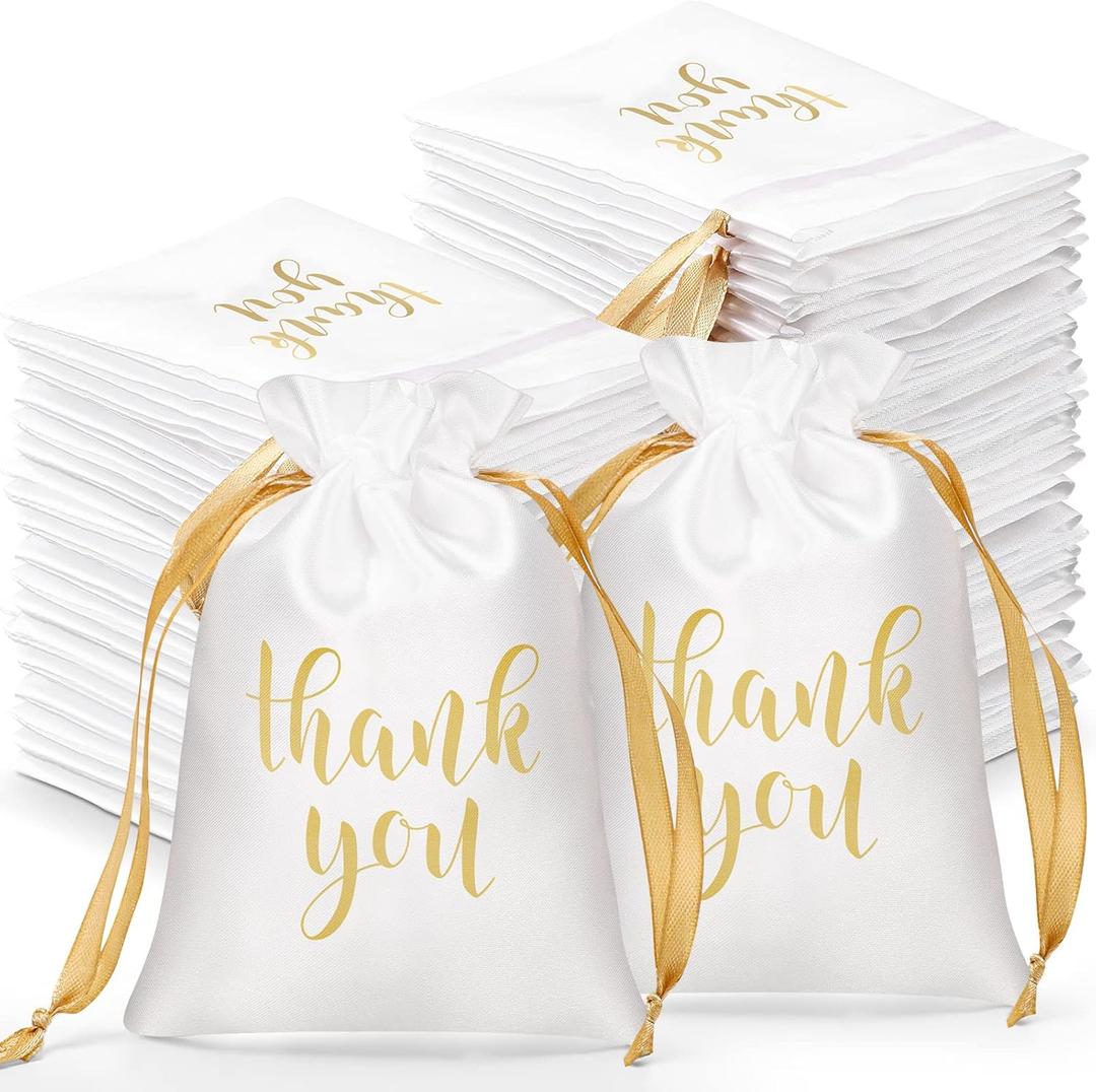 Roowest 100 Pcs Thank You Satin Gift Bags Drawstring Jewelry Candy Pouches for Wedding Bridal Shower Baby Shower Favor Drawstring Bag for Birthday Holiday Party(5 x 7 Inch,White)