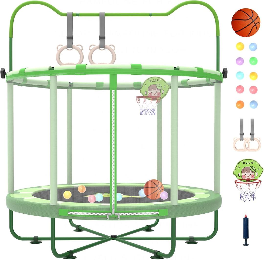 Gardenature 5ft/60'' Toddler Trampoline for Ages 1-6, Indoor & Outdoor Mini Trampoline With Adjustable Gym Bar, Enclosure for Baby, Gift for Boys & Girls (Green)