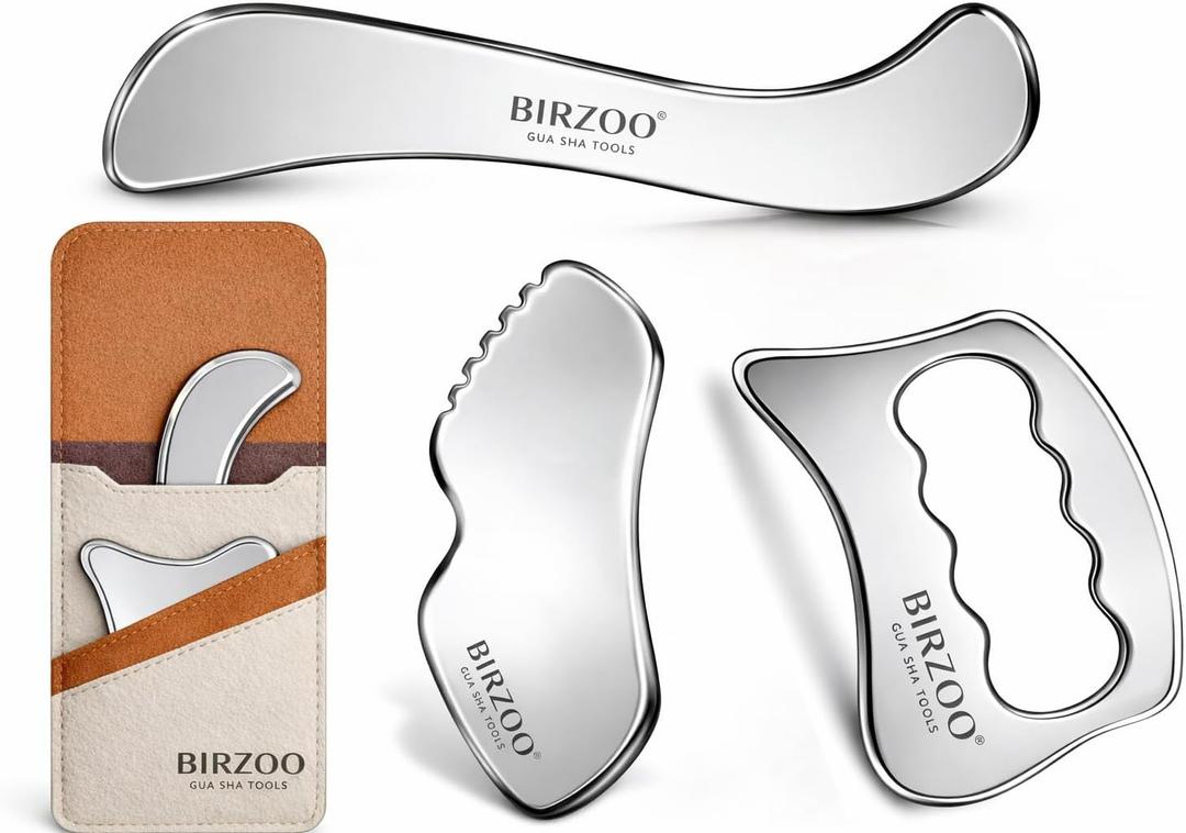 Muscle Scraper Tool Set, Stainless Steel IASTM Massage Tools | Body scraper and fascia massage set for shoulders, back, arms and legs, with rounded edges and a portable storage pouch.