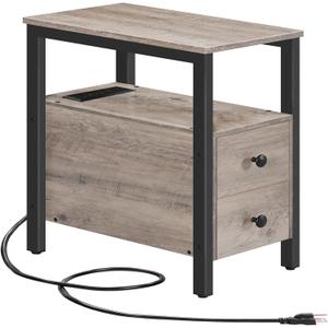 HOOBRO End Table with Charging Station, Narrow Side Table with 2 Drawers & USB Ports & Power Outlets, Nightstand for Small Spaces, Bedroom, Living Room, Stable and Sturdy, Greige and Black BG541BZ01, 11.8l X 18.9w X 24h