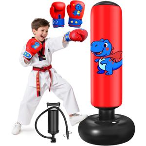 Inflatable Punching Bag for Kids: Qoosea 48 Inches Kids Punching Bags with Boxing Gloves & Air,Pump Blue Dinosaur Design Gift for Toddler & Kid Ages 3-10,Easy to Inflate,Durable Safe Punch Bag (Red)