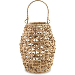 Benjara Enna 17 Inch Lantern, Bohemian Style, Candle Stand, Brown Rattan Woven