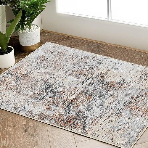 jinchan Area Rug 2x3 Washable Modern Rug Abstract Entryway Doormat Taupe Multi Print Overdyed Floor Cover Distressed Contemporary Lightweight Non-Slip Thin Carpet for Kitchen Bathroom Living Room