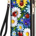 Daisy Flowers Ladybug Print Women's Large Capacity Wallet PU Leather Double Zipper Clutch Purse for Cash/Card/Coin/Smart Phone