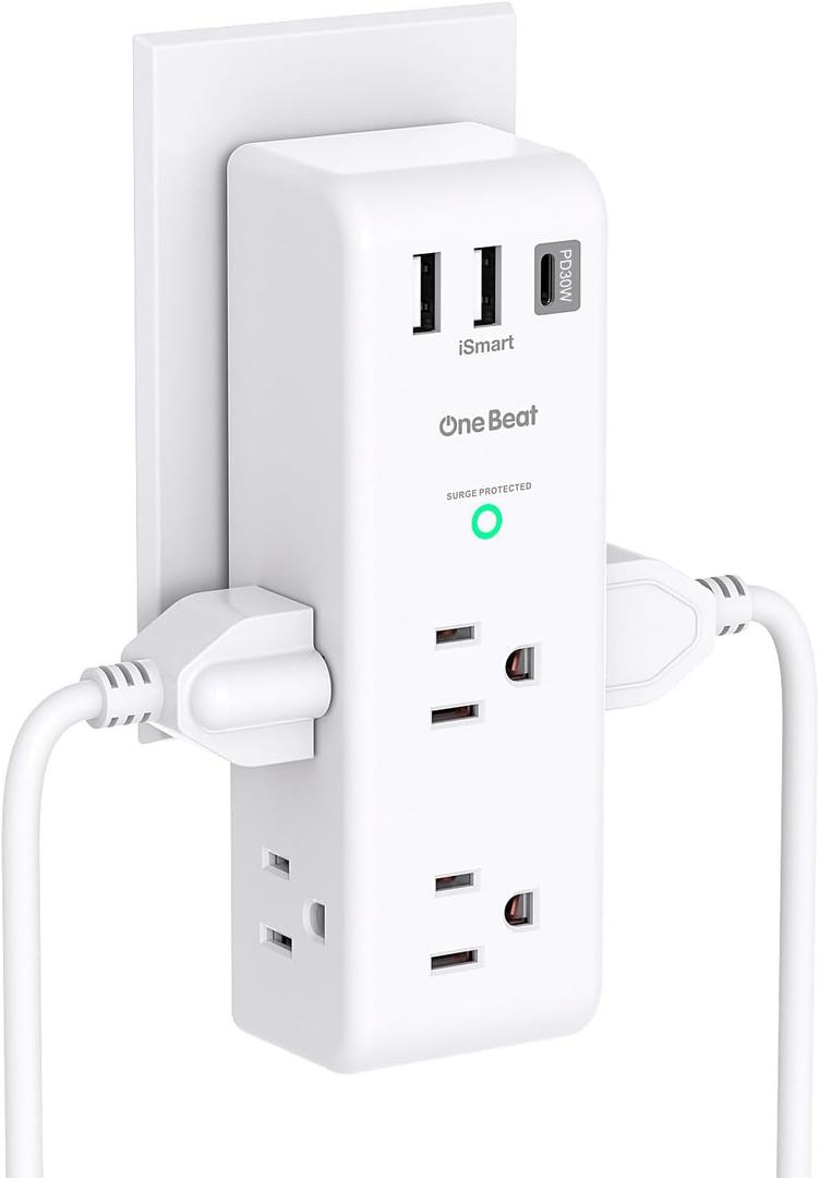 PD 30W Surge Protector Outlet Extender, Rotating Plug, One Beat 6 AC Multi Plug Outlet with 3 USB Ports (1 USB C), 1800J, 3-Sided Swivel Power Strip with Spaced Outlet Splitter for Home Office Dorm