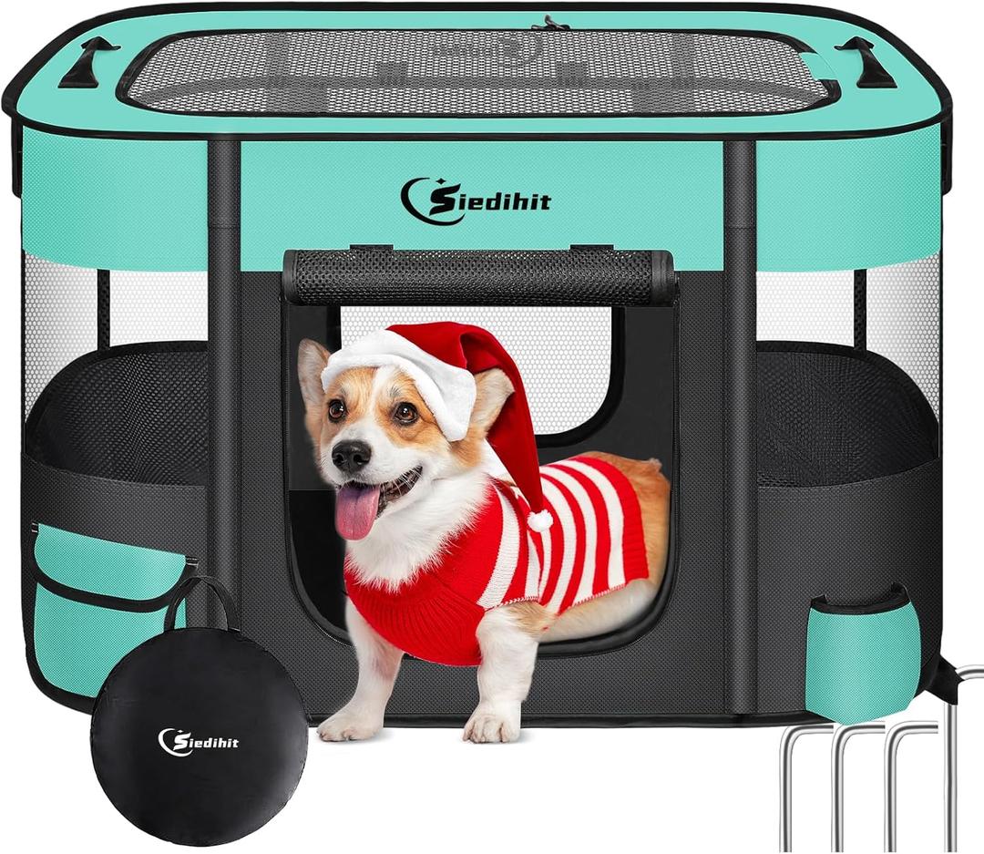 Siedihit Dog Cat Playpen, Pet Puppy Portable Playpens for Outdoor Travel Crate, Indoor After Surgery Use, Foldable Dog Kennel Tent for Rabbit or Small Animals and Tent Stakes(Green, Middle)