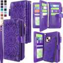 Harryshell Compatible with iPhone 15 / 14 / 13 6.1 inch 5G Wallet Case with Zipper Cash Pocket, Multi Card Slots, Wrist Strap Lanyard (Floral Purple)