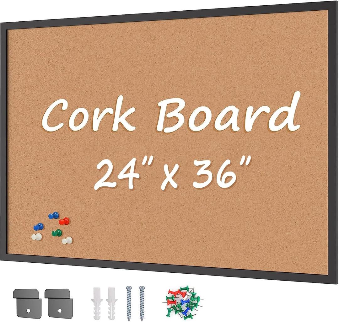 Cork Board Bulletin Board 24 x 36, Black Wood Framed 2x3 Corkboard, Office Board for Wall Cork, Large Wall Mounted Notice Pin Board with 16 Push Pins for School, Home & Office