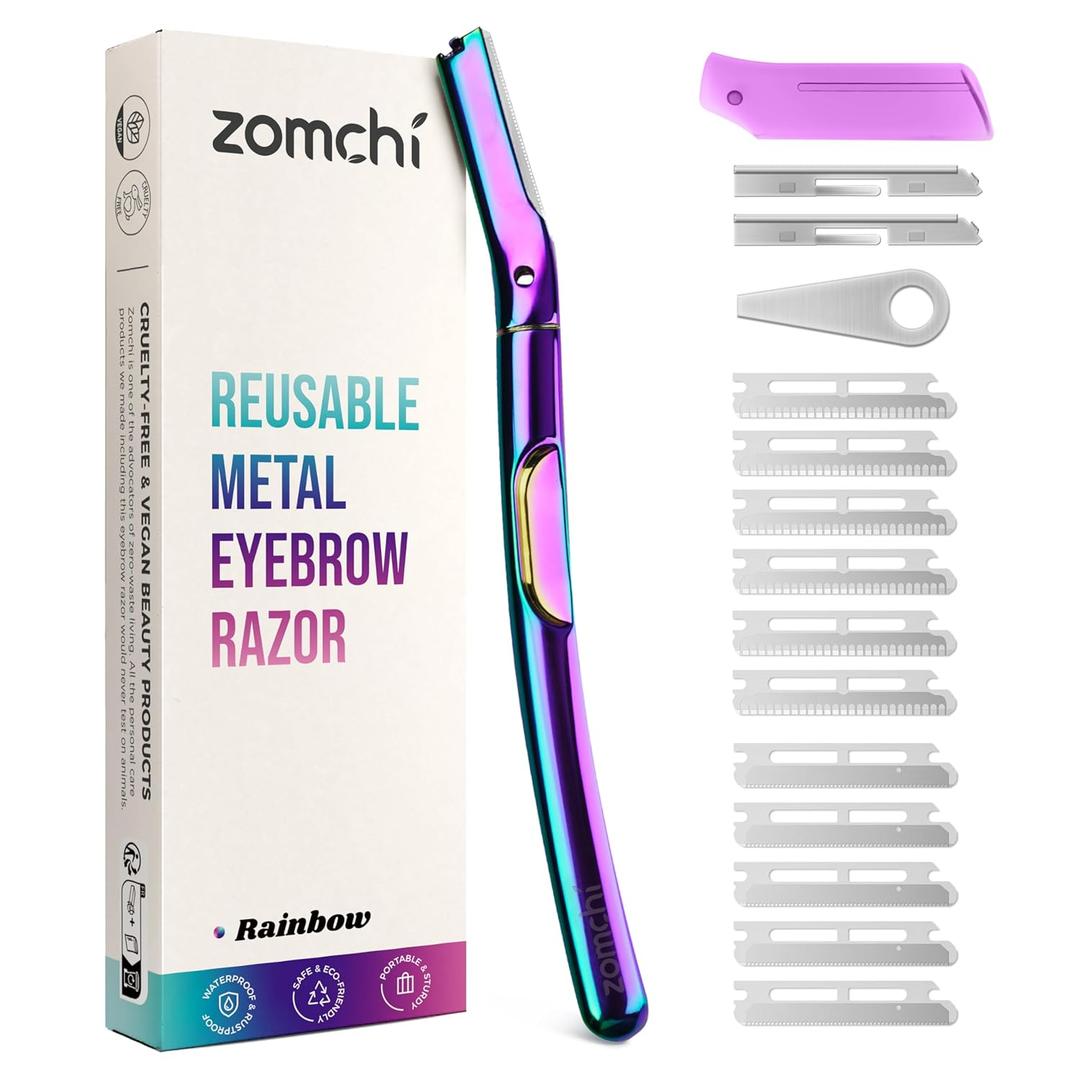 ZOMCHI Dermaplane Razor for Women Face, Premium Facial Razor & Eyebrow Razor, Dermaplaning Tool with Metal Handle, Removes Peach Fuzz, Exfoliates Skin, 11 Blades (Rainbow)