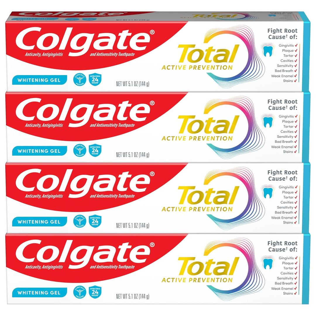 Colgate Total Active Prevention Whitening Gel Toothpaste with Fluoride, Bulk with Clinically Proven Formula That Fights Plaque Bacteria, Mint, 4 Pack, 5.1 oz Best Before 2027