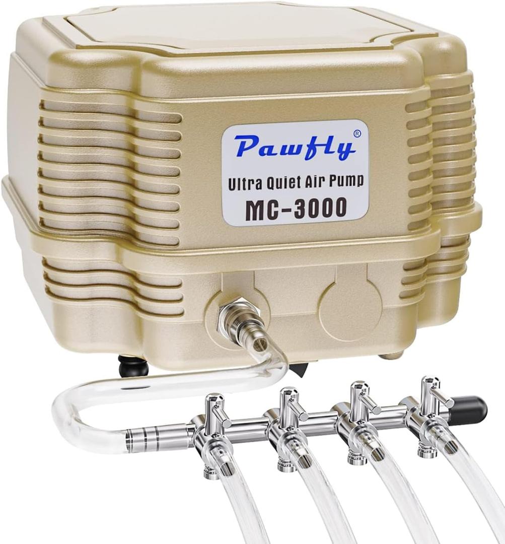 Pawfly 254 GPH Aquarium Air Pump Adjustable Quiet Oxygen Aerator Pump with Multi-Port Air Flow Control Lever Valve Splitter and Airline Tubing for Fish Tanks Ponds and DWC Systems Up to 300 Gallons