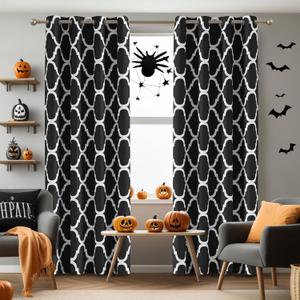 Melodieux Moroccan Printed Room Darkening Blackout Grommet Curtains for Living Room Bedroom, 52 by 84 Inch, Black (2 Panels)