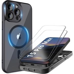Cufelf Magnetic for iPhone 15 Pro Max Case(Compatible with Magsafe) Full Camera Protection,2+Full Coverage Screen Protector,Translucent Matte,Military Drop Protection Phone Case,6.7",Black