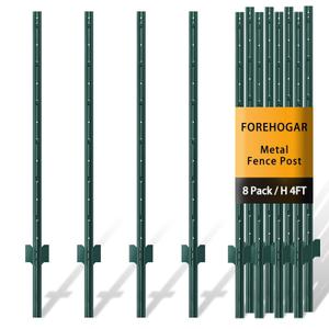 Metal Fence Post 4 Feet Green, Pack of 8, T Post for Wire Fence, No Dig Steel U Posts Fencing for Lawn Garden Wire Mesh Fences Poles Sign Outdoor Light Duty
