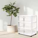 HOMZ Drawer Tower, 3-Tier Wide Rolling Storage Cart with Removable Wheels, White Frame – Plastic Organizer with Clear Bin Drawers for Bedroom, Bathroom, Home Office, and Dorm Room