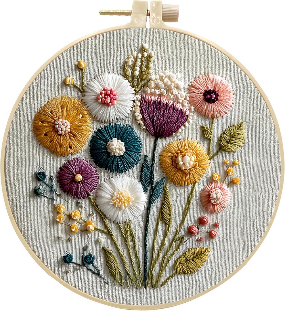 JJFox Embroidery Kit for Beginners and Adults, DIY Hand Embroidery Starter Kit with Cute Pattern, Cross Stitch Needlepoint Set with Hoop, Threads and Instructions (Flower)