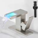Hoimpro LED Waterfall Bathroom Faucet Brushed Nickel, Single Handle Bathroom Sink Faucet 1 Hole, 3 Colors Light Changing, with Pop-up Drain and cUPC Supply Lines, Stainless Steel