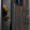 Carveit Magnetic Wood Case for iPhone 14 Pro Max [Natural Wood & Black Soft TPU] Unique & Classy Wooden Shockproof Protective Cover Compatible with magsafe (Vintage Compass -Blackwood)