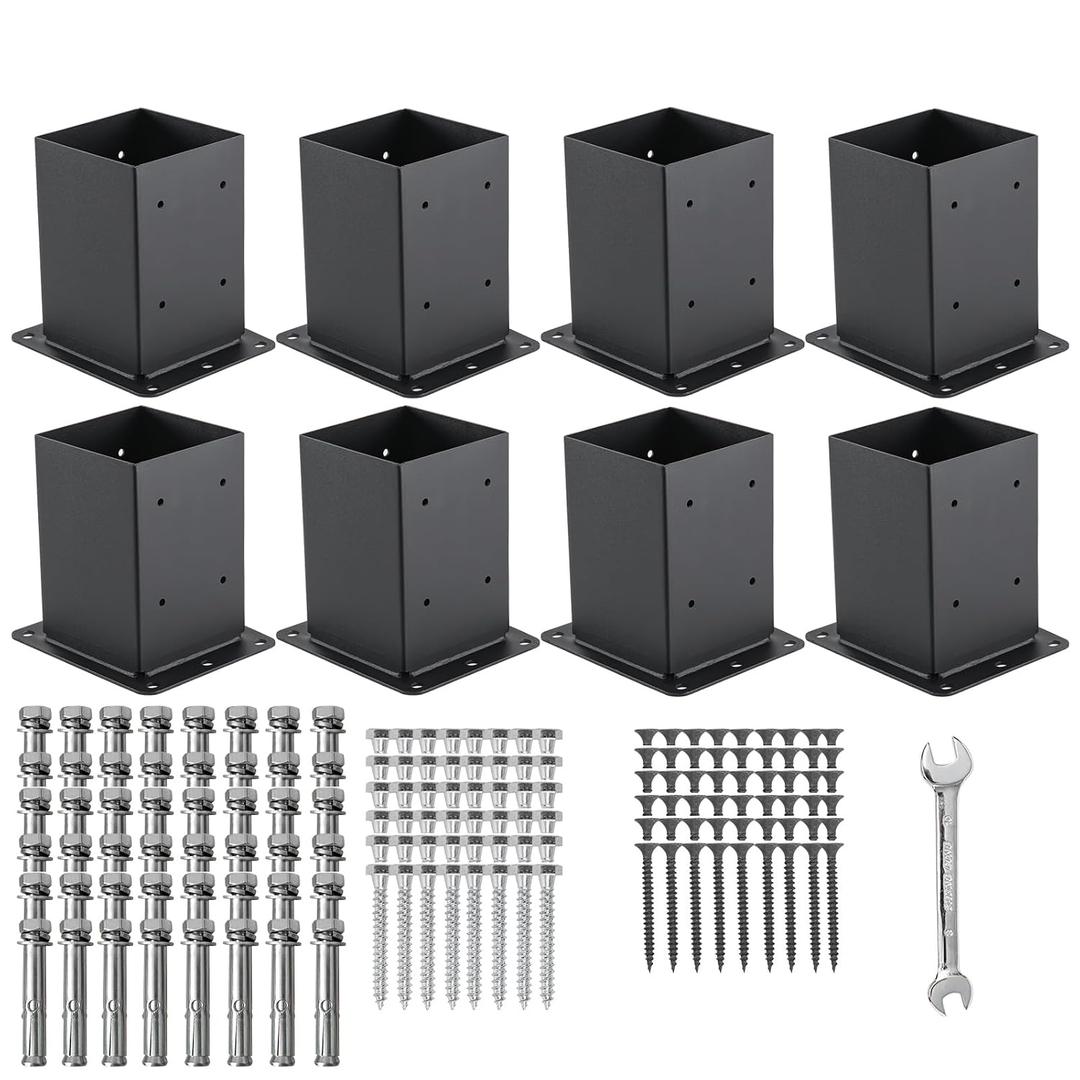 4x4 Post Base 8 Pcs, (Inner Size 3.6x3.6) Post Anchors, 13GA Thick Solid Steel & Black Powder Coated,Deck Post Brackets Support Deck Base Plate Pergola Brackets Fence Kit Mailbox Mount