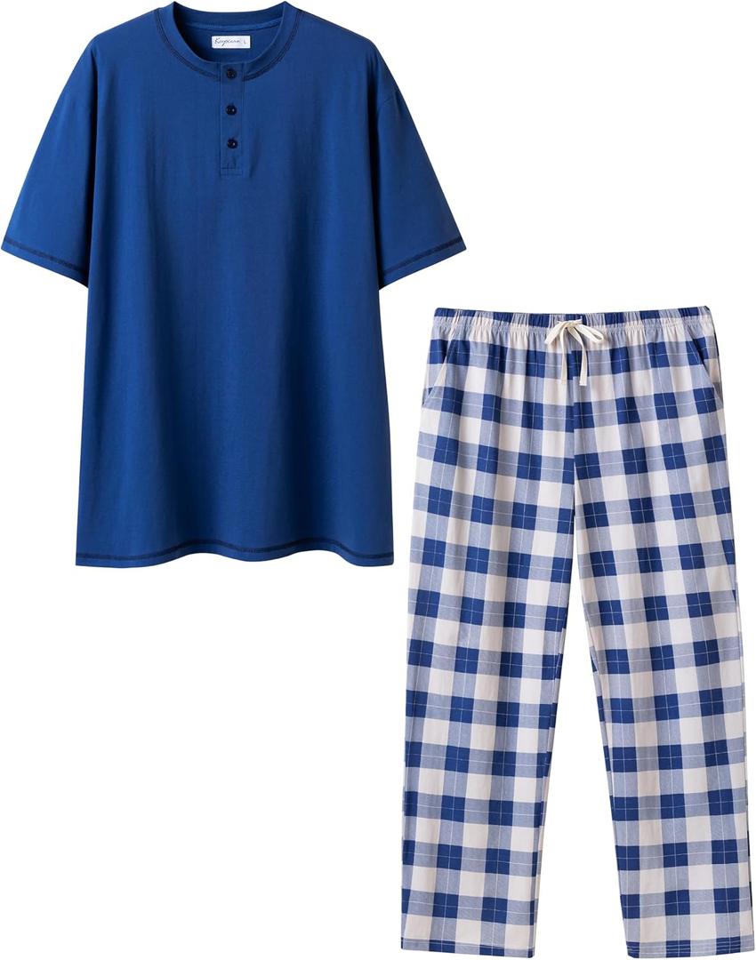 Keyocean Mens Pajama Set, Soft Cotton Short-Sleeve T-Shirt & Long Pants PJ Set for Sleeping (Blue, XL)