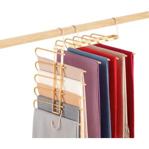 Pants Hangers Space Saving,Closet Hangers 5 Layers 2 Uses Multi Functional Pants Rack,Metal Heavy Duty Wardrobe Organizer Racks for Clothes Trousers Scarves Ties (2 Pack Gold)