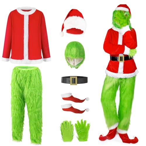 9PCS Christmas Green Monster Costume for Men, Adult Santa Costume with Mask, Coat, Belt, Gloves, Pants, Socks 2xl