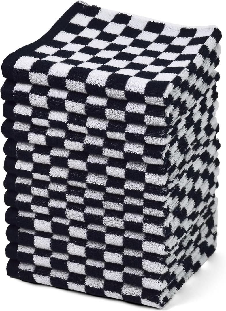 Jacquotha Washcloths 12 Pack Checkered - Wash Cloths for Showering (13"x13") in Black, Multi-Purpose Bathroom Face Cloths, Soft and Quick Dry