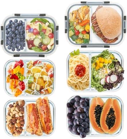 GULFLIN 2 Compartment Glass Meal Prep Containers, Only 1 Pack Reusable Food Storage Containers with Lids, Lunch Containers for Adults, Portion Control, Airtight, Freezer to Microwave Safe(34oz+22oz)