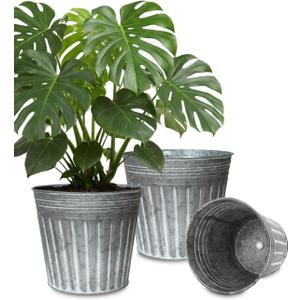 vensovo 12 Inches Silver Metal Rustic Plant Pots - 3 Pcs Large Galvanized Planters with Drain Hole and Rubber Plug, Rustproof Tin Bucket Flowerpot for Indoor Plants Farmhouse Vintage Style for Decor