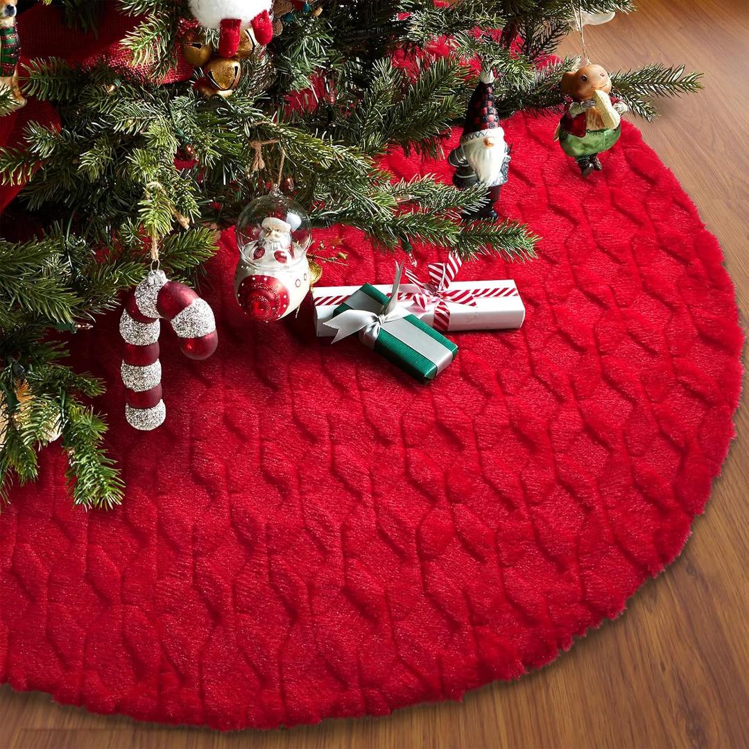 Christmas Tree Skirt 48 inches Faux Fur White Christmas Tree Skirt for Christmas Tree Decorations Winter Holiday Home Christmas Party Ornaments (Red/Diamond)