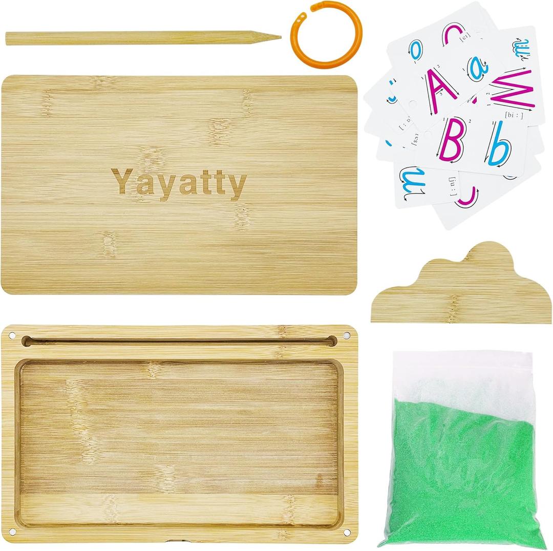 Wooden Sand Tray with Lid for Writing Letters and Numbers, Wooden Sand Writing Trays Montessori Sand Tray with Green Sand, Card, Pen for Drawing, 10.2 x 6.3 Inch
