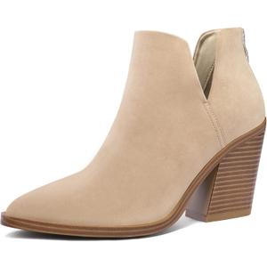 mysoft Women's Ankle Boots Slip on Cutout Pointed Toe Chunky Stacked Mid Heel Booties (9.5 M, Nude)