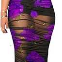 Mojessy Sheer Dress for Women Sexy Short Sleeve Ruched Mesh Bodycon Dress Adjustable Strap Top Mini Skirt 3 Piece Outfits Set (Medium, Purple)