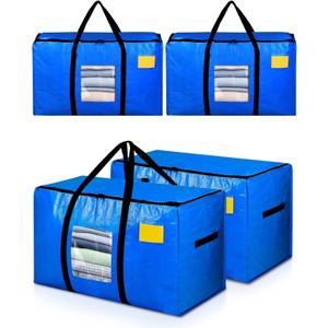 Extra Large Moving Bags, 4 Pack Heavy Duty Storage Bags Boxes Bins Totes with Handles Zippers Visible Window for Clothes College Dorm Travel, Blue