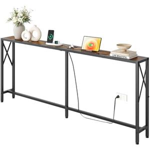 Gewudraw 70 in Skinny Sofa Table Behind Couch，Console Table with Oulets & USB Ports for Hallway, Entryway,Living Room, Bedroom, Rustic Brown