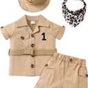 FYMNSI Baby Boy Wild Animal Jungle Safari Shirt Shorts Sets 5PCS Toddler Zoo Keeper First Birthday Outfit Cake Smash Clothes (6-12 Months, Khaki)