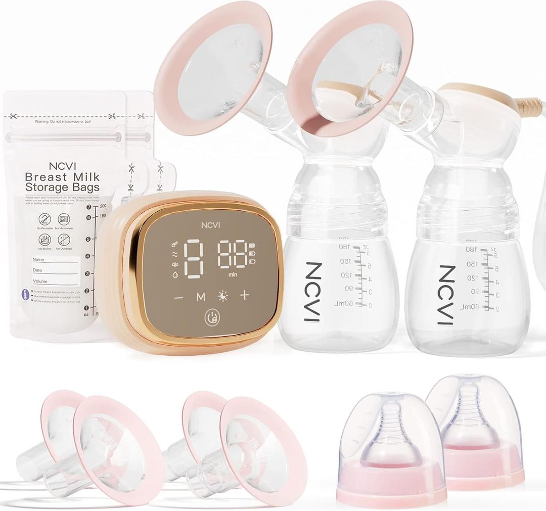 NCVI Double Electric Breast Pump 8102, Upgraded 4400mAh Battery with Night Light, Portable Breast Pump for Breastfeeding, 4 Modes & 9 Levels, LED Display, With 8 Flanges, Breastmilk Bags, Nursing Pads (Orange)