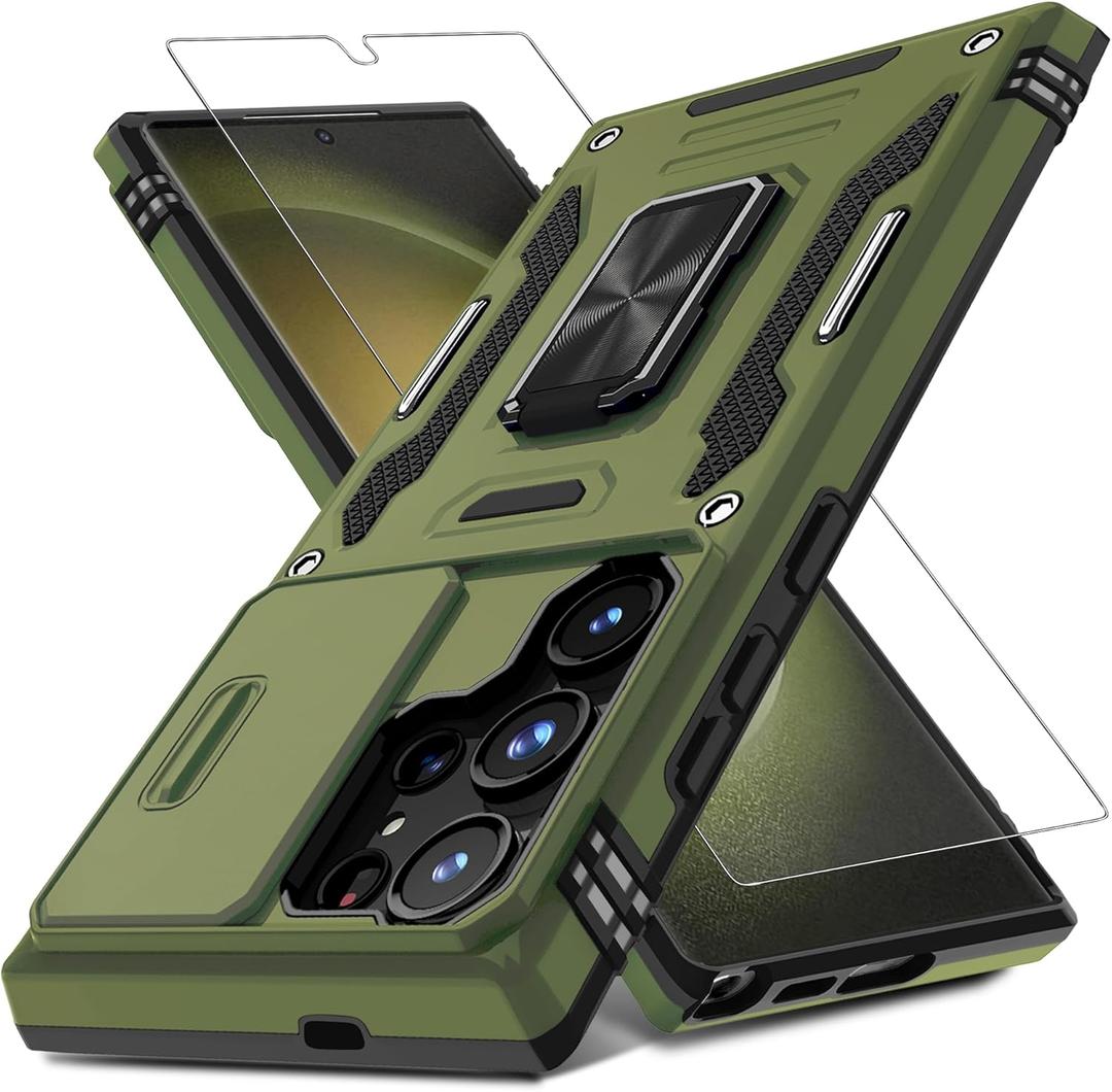 DEERLAMN Case for Samsung Galaxy S25 Ultra with Slide Camera Cover+Screen Protector (1 Pack), Rotated Ring Kickstand Military Grade Shockproof Protective Cover-Olive Green (S25 Ultra-6.9 Inch)