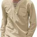 COOFANDY Mens Linen Beach Tee Shirts Cotton Hippie Shirts V Neck Long Sleeve Tunic Big and Tall Yoga Shirt, L