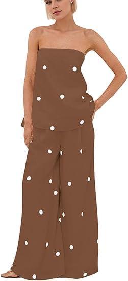 Women 2 Piece Outfits Polka Dot Summer Pants Set Strapless Tube Top High Elastic Waist Wide Leg Pants Lounge Sets L