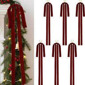 6 Pcs Burgundy Velvet Christmas Swag Bows 23.5x15.5 Inch, Rustic Large Velvet Christmas Staircase Wreath Bow, Pre-Tied Vintage Tree Topper Ribbon Bow for Outdoor Door Garland Wall Home Decorations