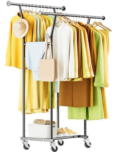 Double Rods Clothes Rack, Rolling Clothing Rack with Wheels, Metal Clothing Racks for Hanging Clothes, Portable Garment Rack Sturdy Closet Rack Trending Coat Rack for Laundry Bedroom Living Room