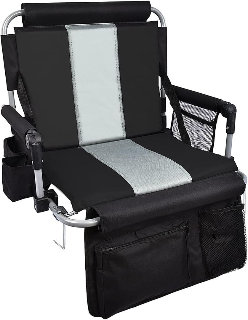 Stadium Seat with Back Support, Bleach Seat with Backrest and Cushion, Stadium Chair with Cup Holders, Mesh Bag and Hidden Hook for Basketball and Soccer Bench (Grey)
