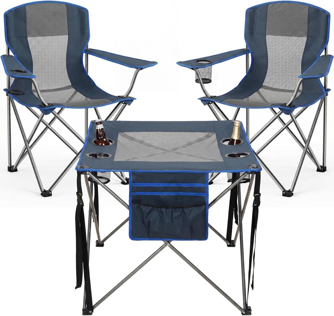 Camping Chair Set of 3,Outdoor Folding Camping Chairs with Cup Holder & Carry Bag for Sports,Hiking,Picnic,Includes Two Foldable,Breathable Camping Chair and a Larger Table Support up to 250lbs, Oversized