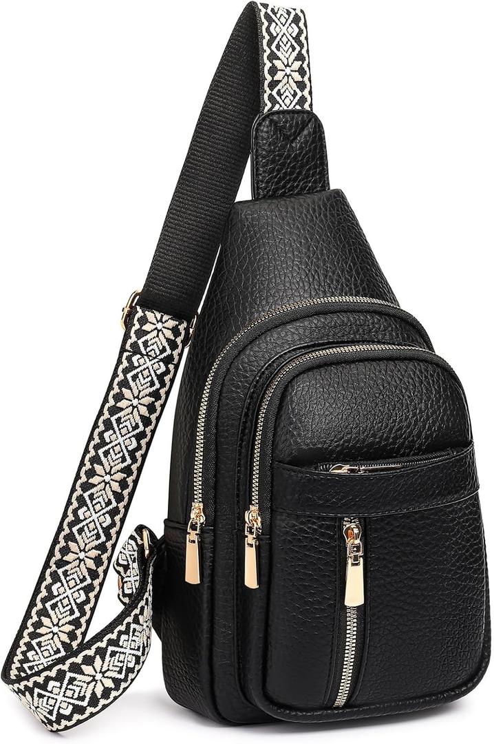 FALAN MULE Crossbody Bags for Women Trendy Leather Sling Chest Bag Fanny Packs for Women (Elegant Black)