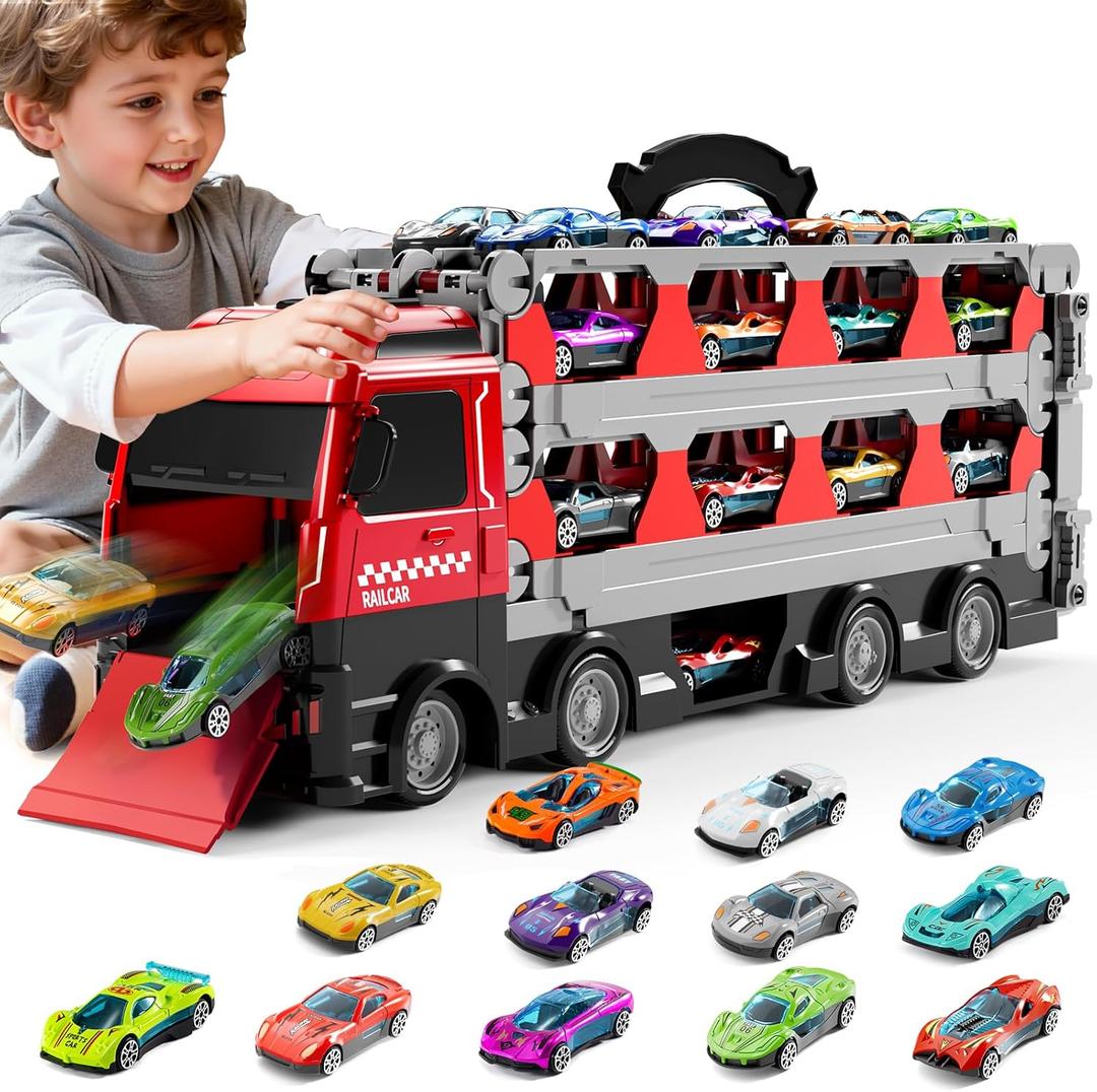 Carrier Truck Race Track Toddlers Toys, Toy Truck Transport Car with 12 Die-Cast Toy Cars, Truck Car Kids Toys Xmas Birthday Gifts for Age 3 4 5 6 7 8 Years Old Boys Girls (Red)