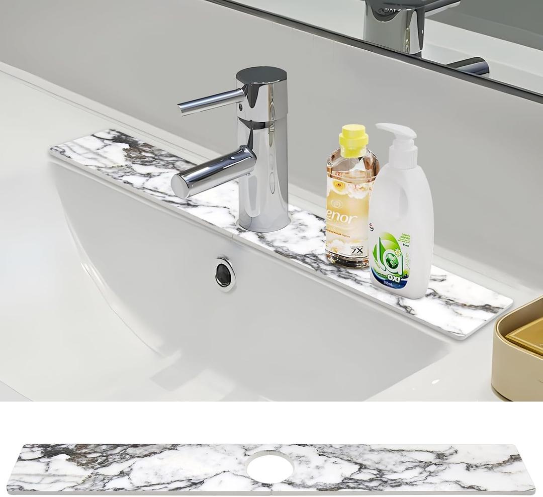 Kitchen Sink Splash Guard - Kitchen Faucet Mat, Diatomaceous Earth Kitchen Sink, Faucet Handle Drip Catcher, Bathroom Sink Faucet Mat for Countertop (30 * 3.93 in, White Marble)